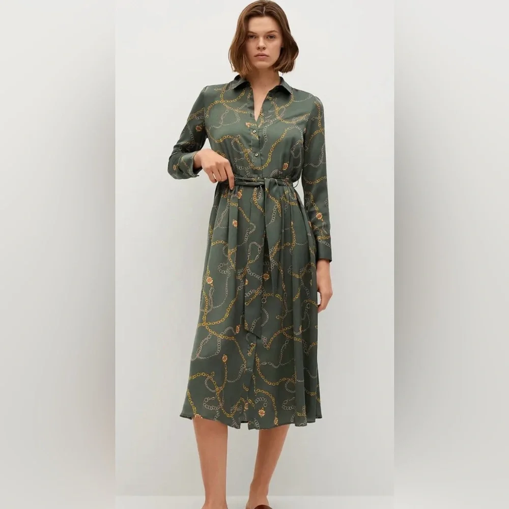 Mango Olive Green Chain-Print Midi Shirt Dress